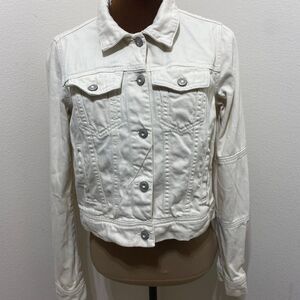 Free People Ecru White Button Up Patch Sleeve Rumors Denim Jacket Size XS